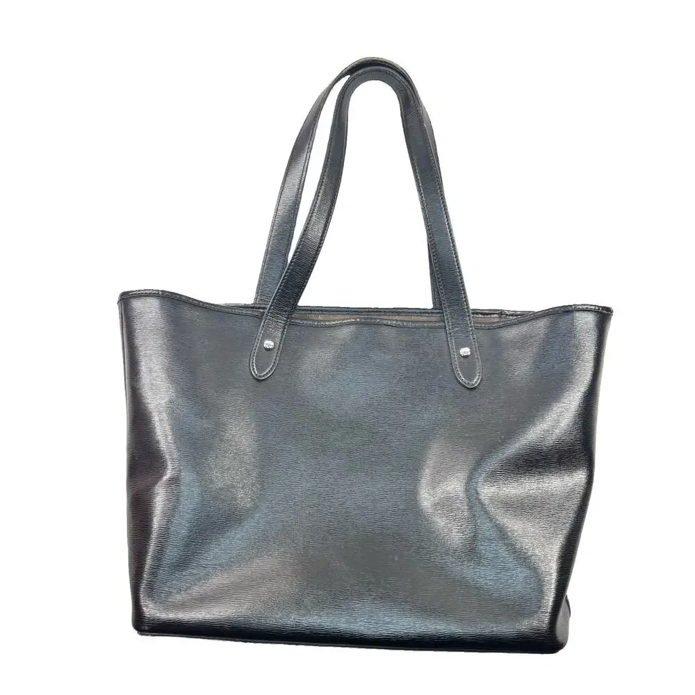 Lauren Ralph Lauren Black Tote Shoulder Bag Faux Saffiano Silver LRL 1696